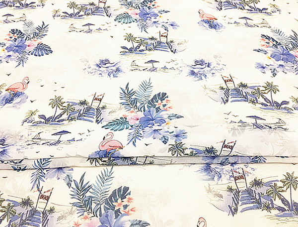 Soft Shades of Blue and Pink Print on Natural White Silk - Silk Georgette - 12 MM - 140 cm Wide.