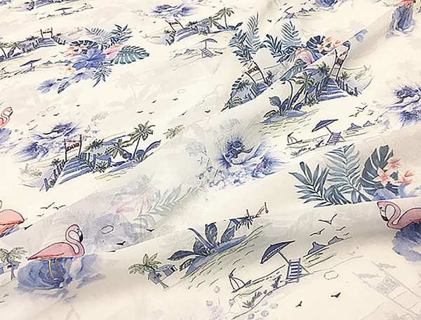 Soft Shades of Blue and Pink Print on Natural White Silk - Silk Georgette - 12 MM - 140 cm Wide.