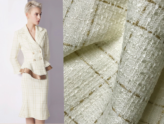 Ivory with Gold Stitching - French Tweed - 150 cm Wide.