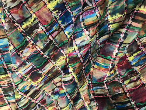 Semi Hand Made Multi Color Silk Ribbons in a Grid Pattern - French Tweed - 147 cm Wide.