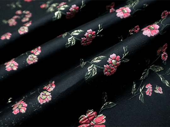 Multi Colors Floral w/Gold Filigree on Black Background -  3D Italian Jacquard Fabric - 140 cm Wide.