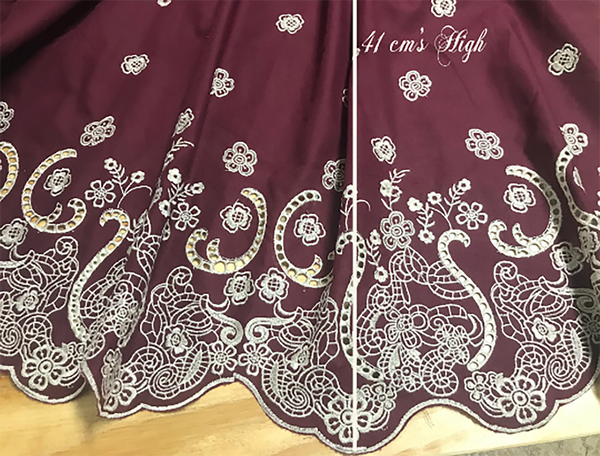 Beige Embroidery on Burgundy - Double Border - Broderie Anglaise - 140 cm Wide.