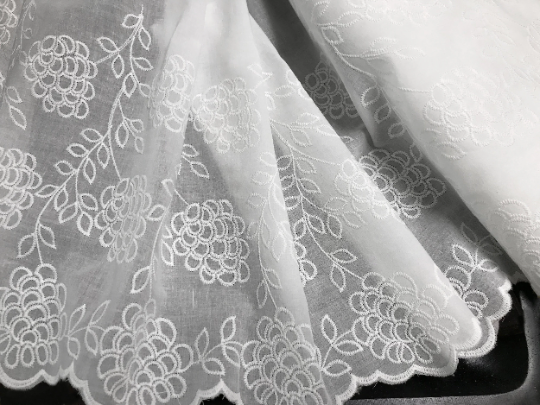 White on Natural White Hydrangeas  Broiderie Anglaise - Cotton Voile - 33 cm Wide.