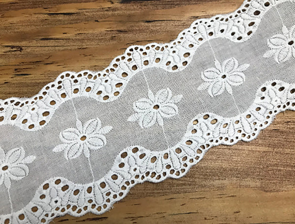 Natural White Embroidery w/ Both Sides Scalloped - Broderie Anglaise Insert - Natural White Cotton Voile - 10 cm Wide.