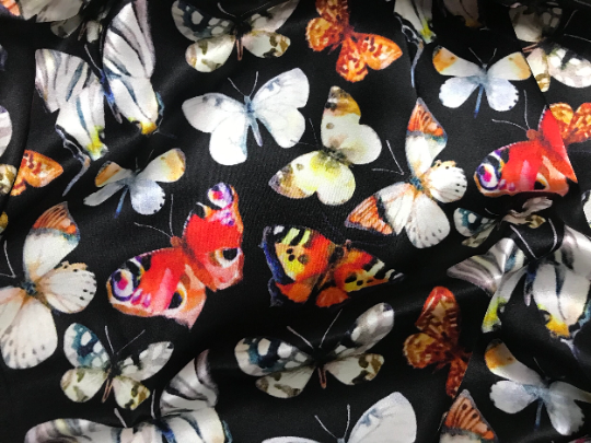 Multi Colors  Butterflies on Black Background - Stretch Mulberry Silk Satin - 19 MM - 108 cm Wide.