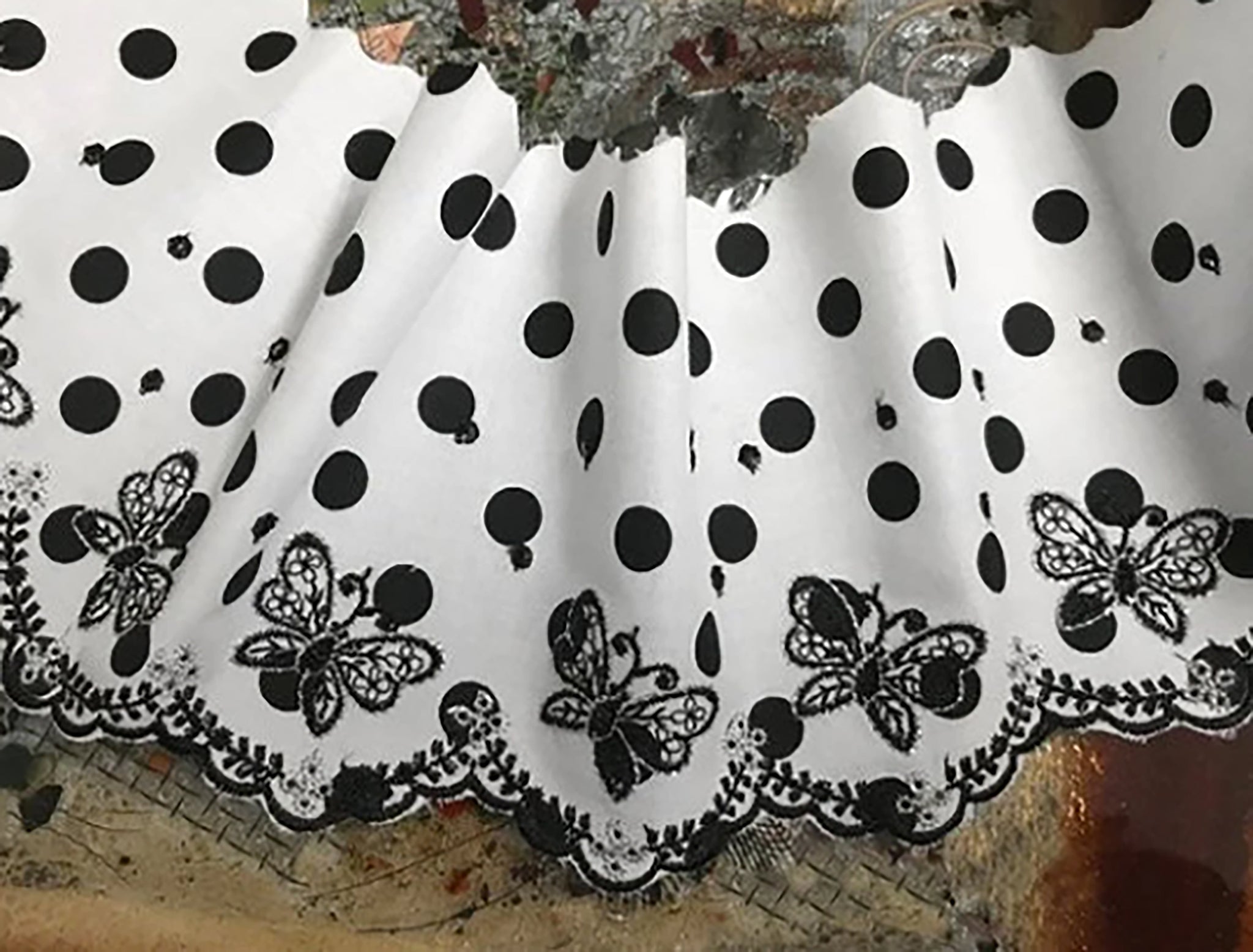 Butterflies Embroidery on Black/White Polka Dots with Silver Threads Accent -  Broderie Anglaise -  Cotton  - 12 cm Wide.cm Wide.