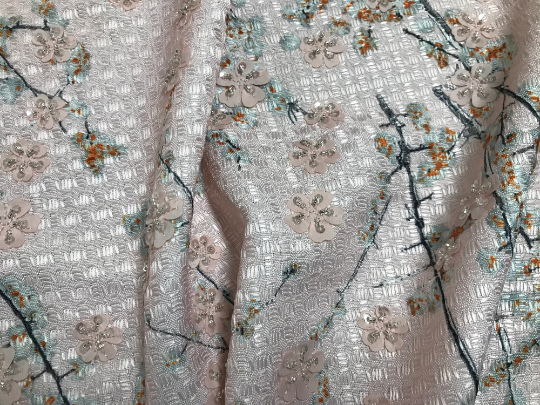 Pale Pink Floral with Flowers Appliques and Glass Beads - French Tweed - 150 cm Wide.