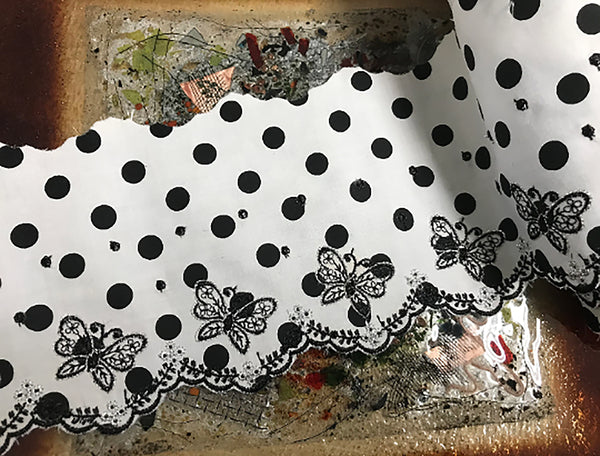 Butterflies Embroidery on Black/White Polka Dots with Silver Threads Accent -  Broderie Anglaise -  Cotton  - 12 cm Wide.cm Wide.