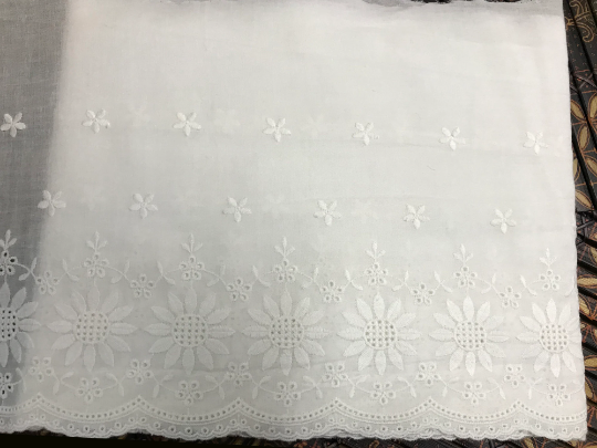 White Sunflowers Broiderie Anglaise on Cotton Voile, 24 cm Wide.