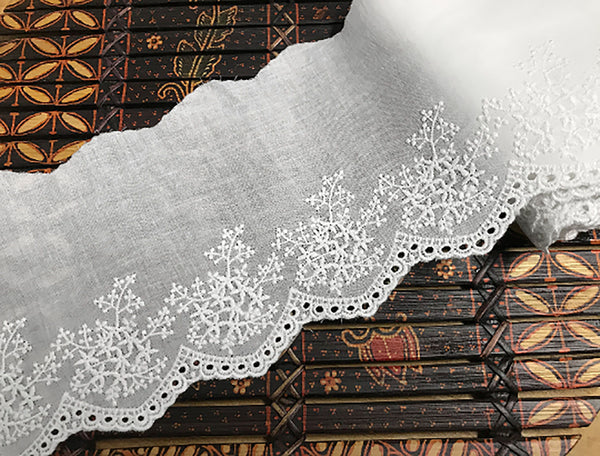 Natural White - Broderie Anglaise Lace  on Cotton Voile - 13 cm Wide
