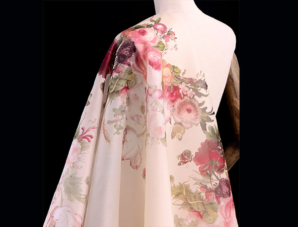 Floral Print on Natural Beige Silk Organza,  100%  Mulberry Silk, 20 MM.