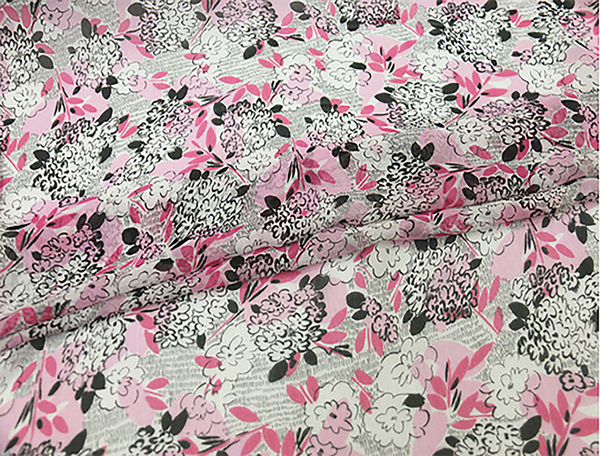 Shades of Pink Black Grey Floral on Natural White Background Silk Georgette, 14 mm Weight,  100%  Mulberry Silk 114 cm Wide.