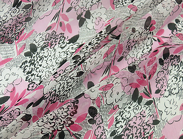 Shades of Pink Black Grey Floral on Natural White Background Silk Georgette, 14 mm Weight,  100%  Mulberry Silk 114 cm Wide.