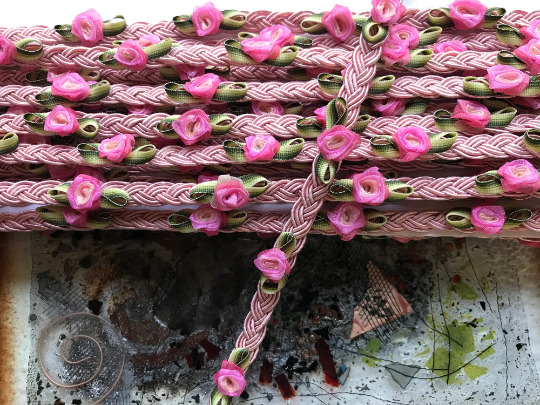 Pink on Pink Handmaid French Braid in Rococo Flowers - 12 mm Wide.