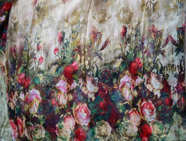 Multi Color Roses Floral on Ombre Beige Background - Italian Silk Chiffon - 8 MM, 138 cm Wide.