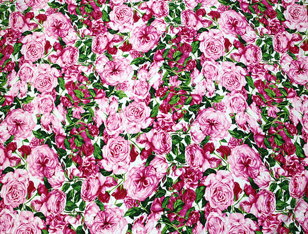 Shades of Pink/Raspberry/Green Floral Floral Print on White Background - Italian Cotton Poplin -147 cm Wide.