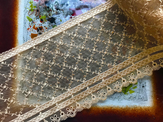 Gold or Beige Embroidery on  Soft Tulle Background - Italian Lace - 13.5 cm Wide.