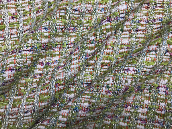 Multi Color Green/Blue/Pink/Purple/White/Silver Treads - French Tweed - 150 cm Wide.