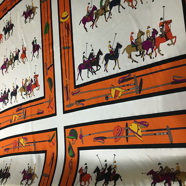 Equestrian Print on Off White Background, French Stretch Silk Satin - 19 mm - Panels of: 68 cm length x 140 cm Width.