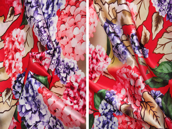 Multi Color  Hydrangeas Floral Print on Tomato Red  Background - 19 MM - Stretch Silk Satin - 105 cm Wide. - WIKILACES