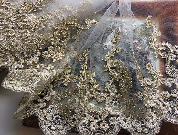 Alencon Lace - Gold Silky and Shiny Threads Embroidery on White Soft Tulle   - 12" Wide.