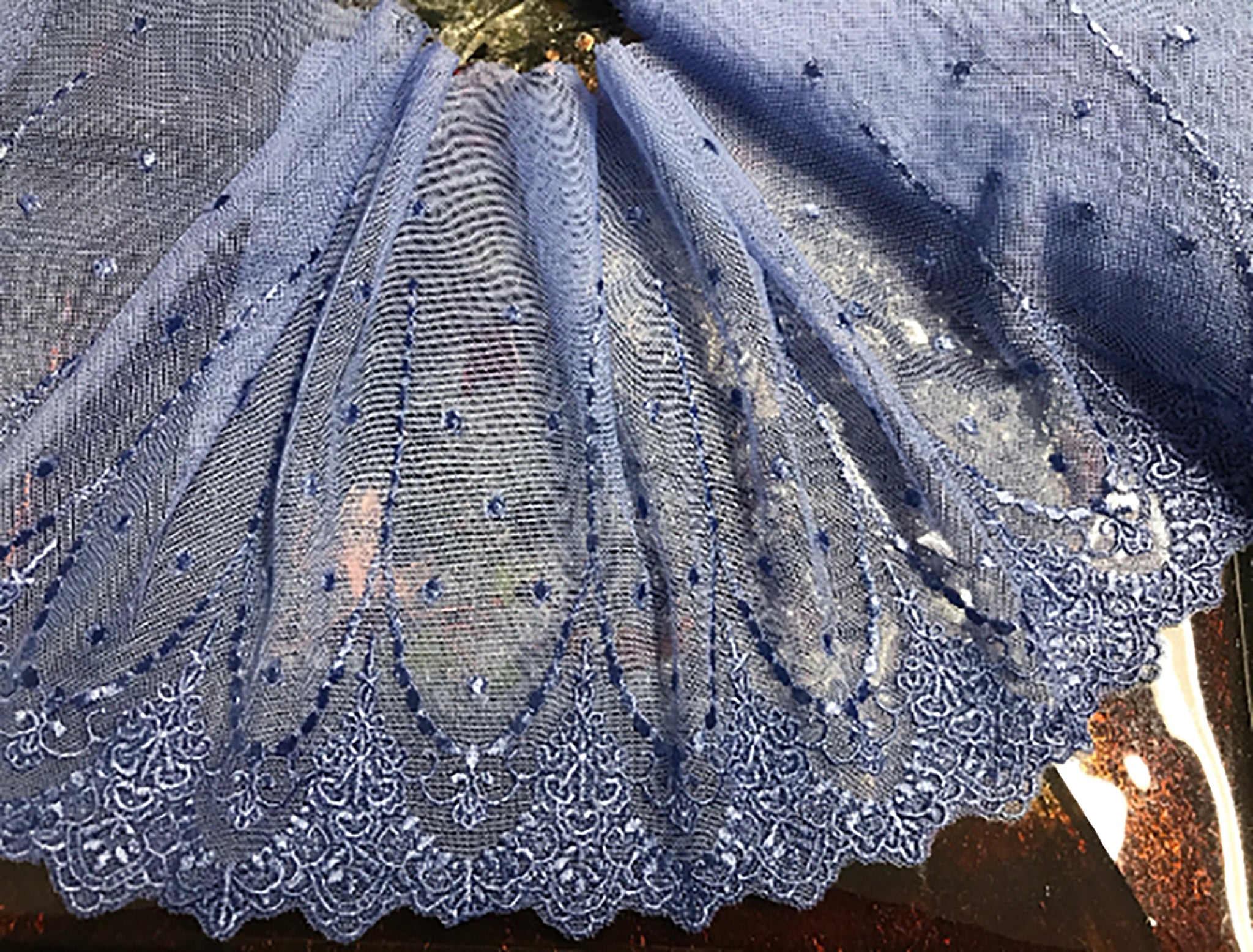 Blue Shiny Embroidery on Blue Soft Tulle Background - Italian Lace - 20.5 cm Wide.