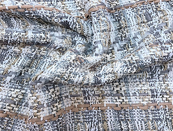 Shades of Grey Tan and White w/Ribbons- French Tweed - 150 cm Wide.