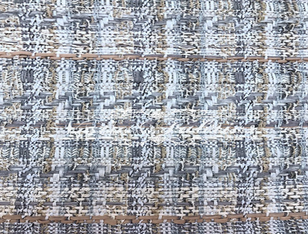 Shades of Grey Tan and White w/Ribbons- French Tweed - 150 cm Wide.