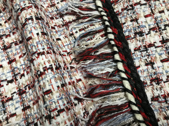 Multi Colors  Off White/Blue/Shimmering Tan Ribbon/Dark Red/Black - French Tweed - 150 cm Wide.