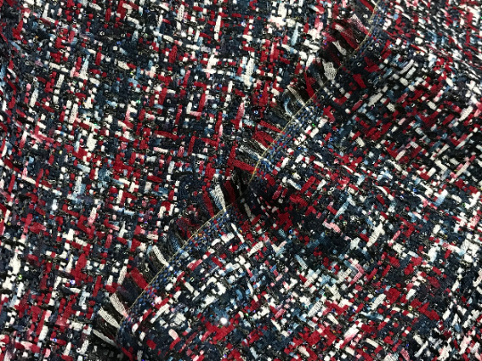 Shades of Red/Navy/White  w/ Small Sequins - French Tweed -150 cm Wide.