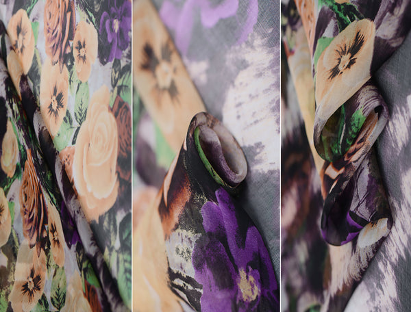 Multi Color Floral/Pansies Floral Print - Italian Silk Chiffon - 8 MM -138 cm Wide.