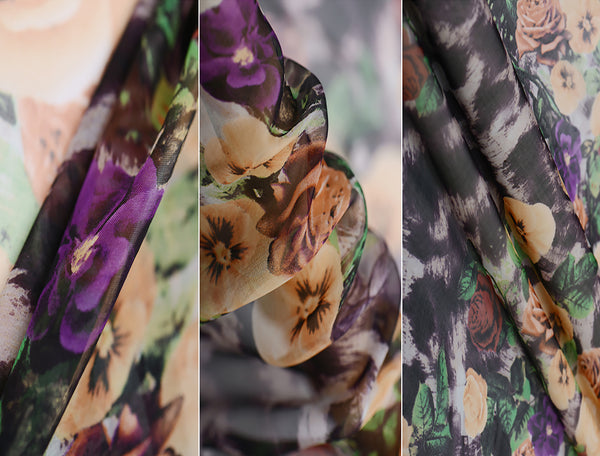 Multi Color Floral/Pansies Floral Print - Italian Silk Chiffon - 8 MM -138 cm Wide.
