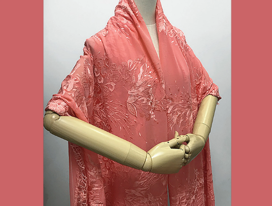 Coral Powder- Scalloped in one Side and Open Work on The Other - Italian Embroidered Silk Georgette Lace- 12 MM - 138 cm Wide