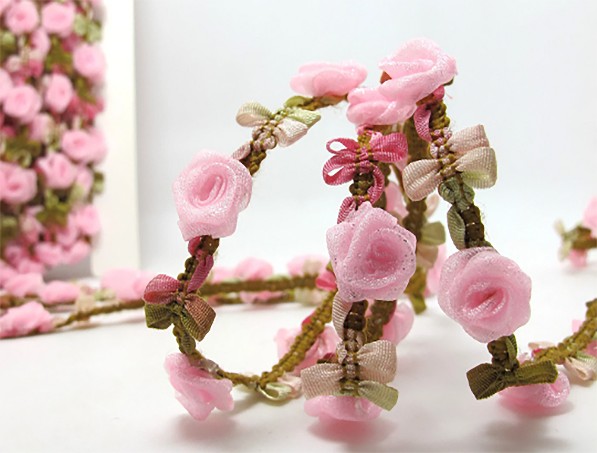 Pink Powder Roses with Tan/green Hombre Ribbons - Rococo French Ribbon - 14 mm Wide.