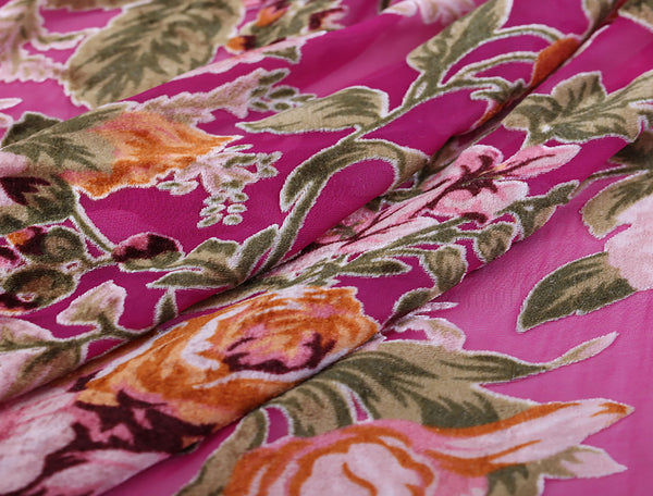 Multi Color Floral on Rose Background - Italian Burnt-Out Silk Velvet - 114 cm Wide.