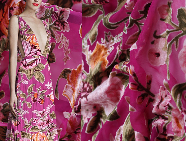 Multi Color Floral on Rose Background - Italian Burnt-Out Silk Velvet - 114 cm Wide.