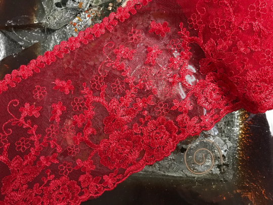 Red Double Edge - Silky and Shiny - Soft Tulle Embroidered Lace - 16 cm Wide.