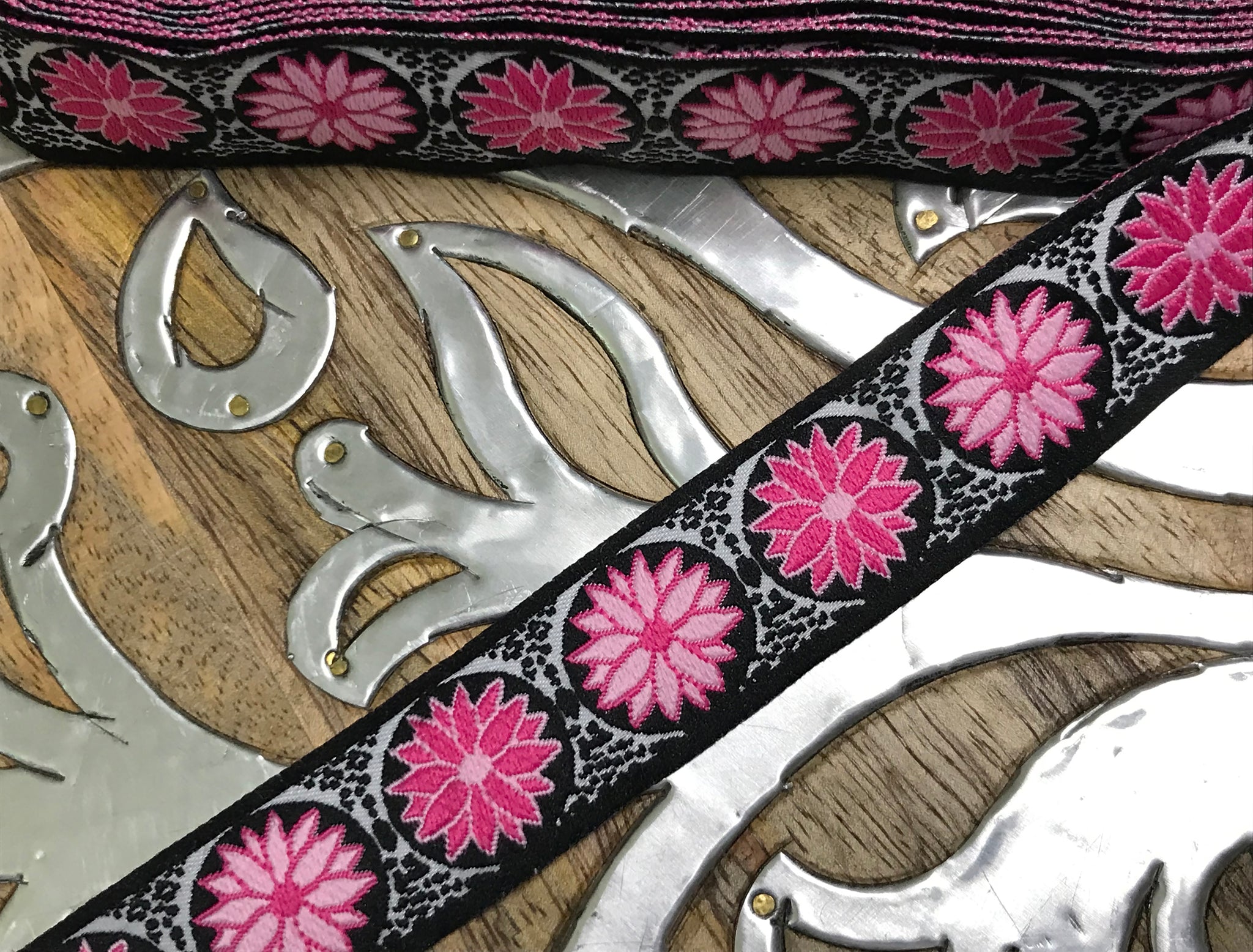 Pink/White  on Black  Background - Embroidered Jacquard Ribbon - 7/8" Wide.