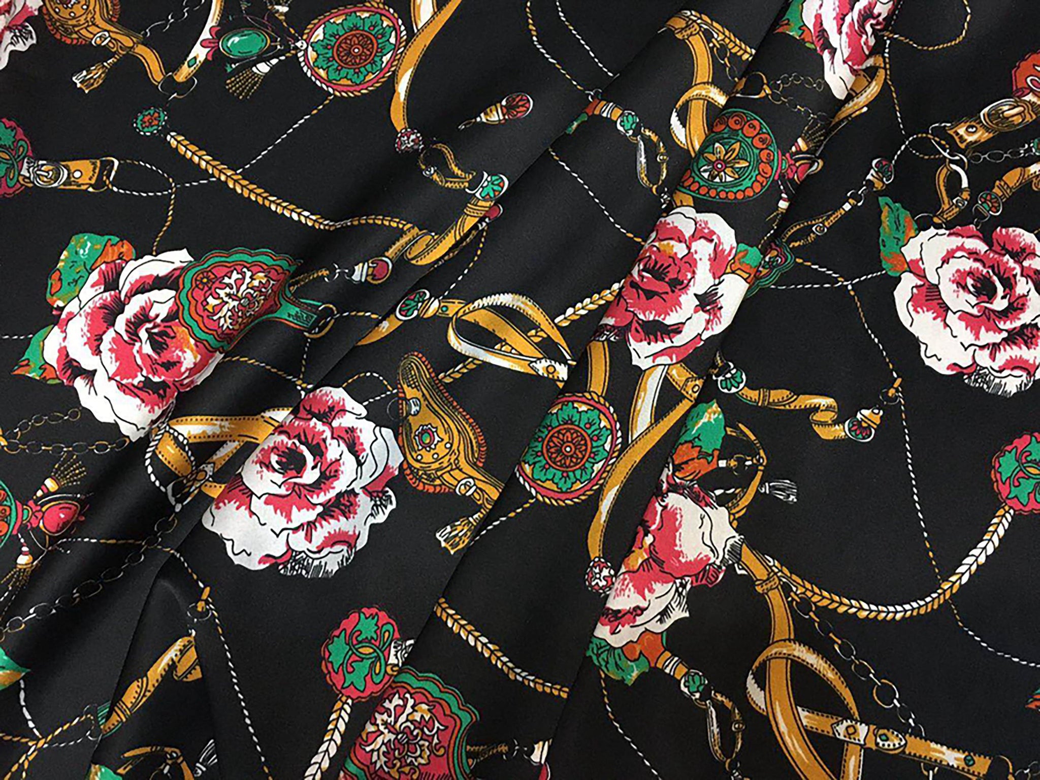 Multi Color Floral on Black Background - Stretch Silk Satin 19MM, 140 CM Wide - WIKILACES