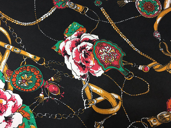 Multi Color Floral on Black Background - Stretch Silk Satin 19MM, 140 CM Wide - WIKILACES