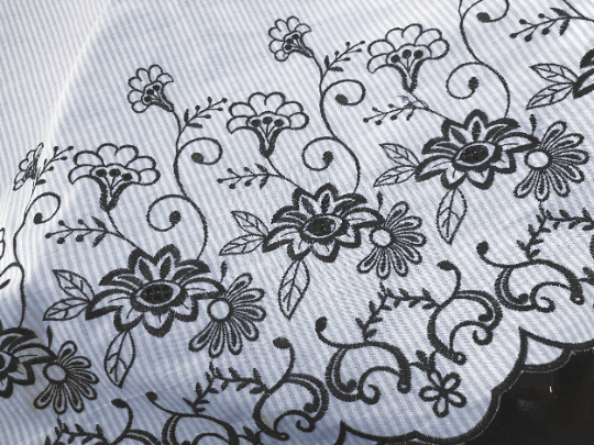 Navy Blue Embroidery on Light Blue/White Striped Background -  Broderie Anglaise -  Swiss Cotton Voile - 46 cm Wide.