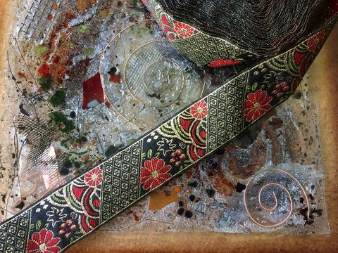Red & Gold on Black Background  - Embroidered Jacquard Ribbon - 3.4 cm  Wide.