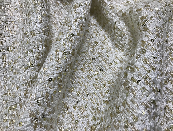 Off White/Gold Shimmering Threads and Small Sequins - French Tweed - 150 cm Wide.