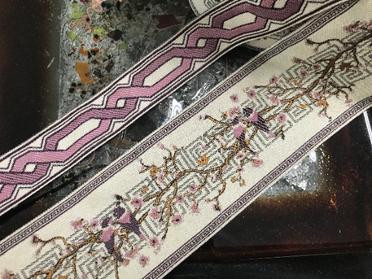 Mauve and Purple Floral/Geometric on Off White Background - Embroidered Jacquard Ribbon.